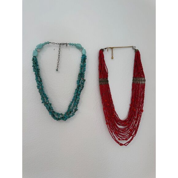 Chico’s Bundle of 2 Boho Turquiose Red Beaded Statement Necklaces - Picture 2 of 6
